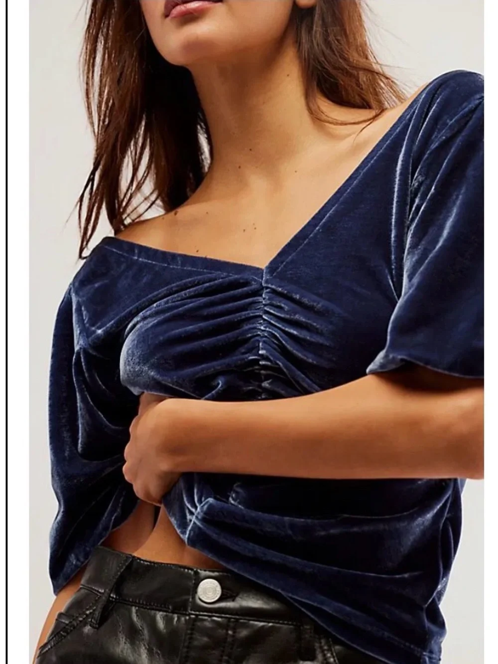 Free People Dusty Blue Velvet Ruched V-Neck Blouse
